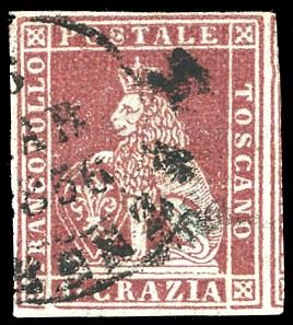 1851 - 1 crazia carminio bruno su grigio (4e), usato, perfetto, ampi margini. Molto bello. Chiavarello, Ferrario.