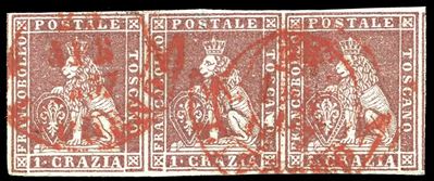 Chiavarello e Ferrario, 1851 - Francobollo carminio bruno su grigio azzurro, annullato Livorno