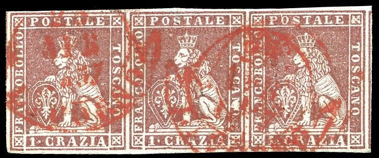 1851 - 1 crazia carminio bruno su grigio azzurro (4e), striscia orizzontale di tre, perfetta e ben marginata, usata con annullo di Livorno in rosso. Molto bella. Chiavarello, Ferrario.  - Auction Philately - Cambi Casa d'Aste