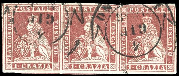 1851 - 1 crazia carminio grigio su bruno (4e), striscia orizzontale di tre, perfetta e ben marginata, usata. Molto bella. G.Bolaffi, A.Diena, Ferrario.