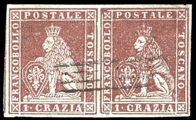 Chiavarello e Ferrario, Crazia bruno carminio lillaceo su grigio (1851), coppia orizzontale, fran...