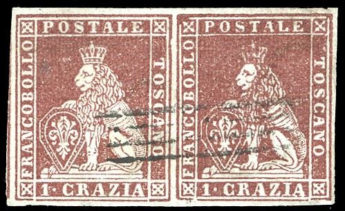 1851 - 1 crazia bruno carminio lillaceo su grigio (4f), coppia orizzontale, usata, perfetta e con ampi margini su tutti i lati. Splendida. Chiavarello, Ferrario.  - Auction Philately - Cambi Casa d'Aste