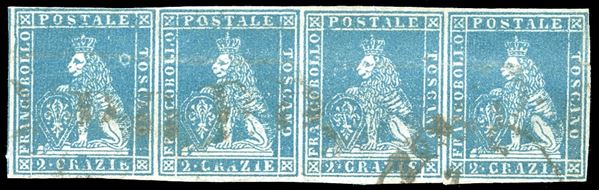 1851 - 2 crazie azzurro chiaro su grigio (5), striscia orizzontale di quattro, alcuni difetti ma ottimo aspetto. Molto fresca. Ferrario.