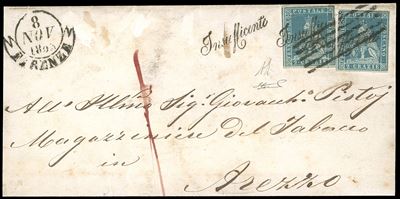 1853, Due crazie azzurro grigio chiaro su grigio con bollo d'arrivo