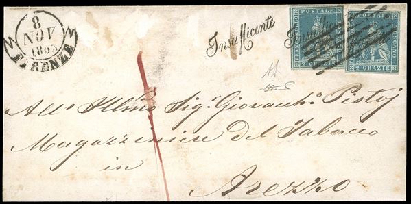 1853 - 2 crazie azzurro grigio chiaro su grigio (5), perfetti, ottimi margini, su gran parte di lettera da Firenze 8/11/1853 ad Arezzo, bollo d'arrivo al verso, eccezionalmente annullati sia con il bollo corsivo "Insufficiente" sia con il muto a 5 sbarre, tassata. Insieme raro. A.Diena, Ferrario.