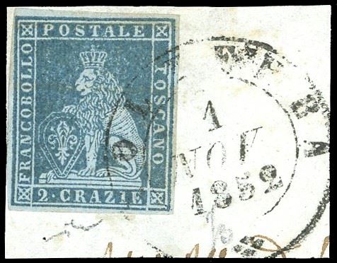 1851 - 2 crazie azzurro grigio su azzurro (5a), perfetto e ben marginato, usato su frammento a Volterra 1/11/1852. Molto bello. Bargagli, Chiavarello.  - Auction Philately - Cambi Casa d'Aste