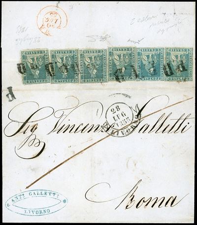1855, 2 crazie azzurro verdastro su grigio (5e), sei esemplari di valori gemelli