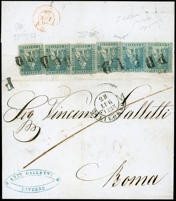 1855 - 2 crazie azzurro verdastro su grigio (5e), sei esemplari di due tonalità di colore differenti, ottimo stato, al verso di sovracoperta di lettera da Livorno 28/7/1855 a Roma. Rarissima affrancatura multipla di valori gemelli di ottima qualità, impreziosita dall'uso al verso, in contrasto con i regolamenti postali. Chiavarello, cert. Ferrario. Ex coll. Imperato.