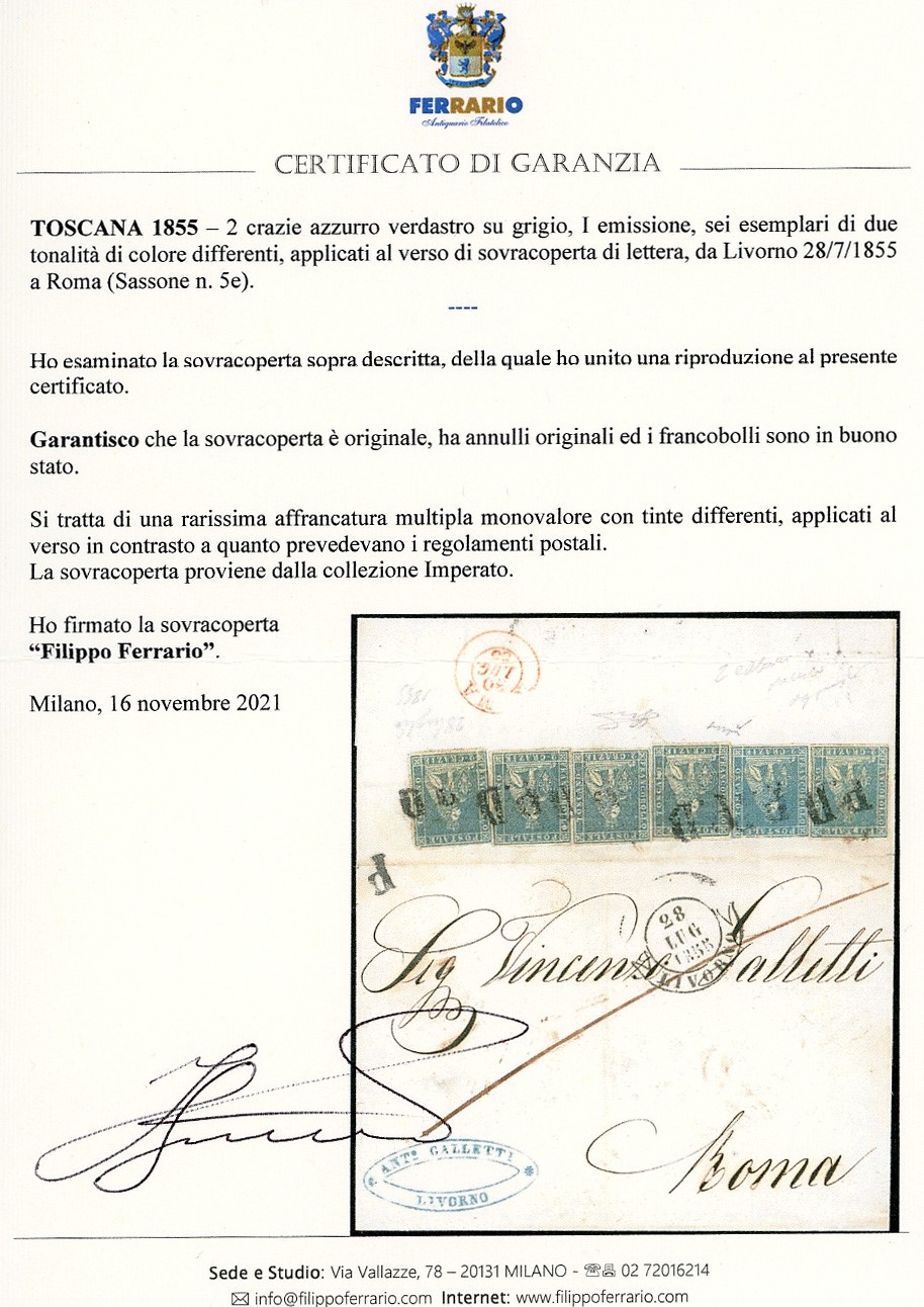 1855, 2 crazie azzurro verdastro su grigio (5e), sei esemplari di valori gemelli