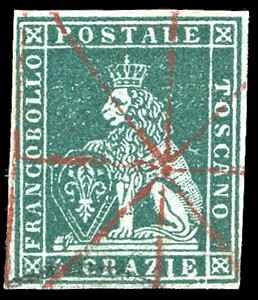1851 - 4 crazie verde su grigio (6), perfetto e ben marginato, usato con leggero annullo "a ragno" in rosso. Molto bello. A. ed E.Diena, Sorani.