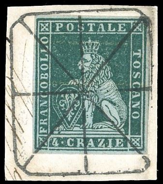 1851 - 4 crazie verde su grigio (6), perfetto e con ampi margini, usato su frammento con leggero annullo muto "a ragno" in nero. Bellissimo. Ferrario.  - Asta Filatelia - Cambi Casa d'Aste