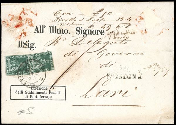 1856 - 4 crazie verde su grigio (4), due esemplari in ottimo stato, su assicurata da Portoferrario 3/1/1856 a Lari, contenente denaro come da indicazione manoscritta "con L.50, Diritto di Posta 13.4, restano L. 49.6.8". Insieme raro, pochi esistenti. Ferrario. Ex coll. Imperato.