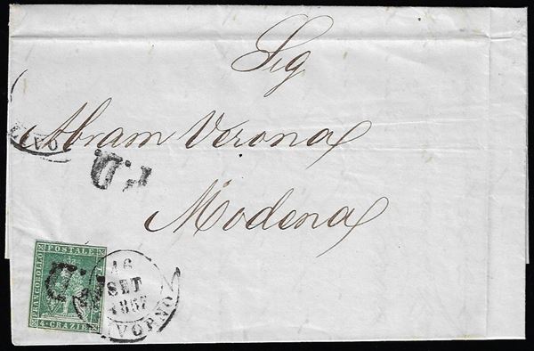 1857 - 4 crazie verde su grigio (6), sfiorata a destra, su lettera da Livorno 16/9/1857, datario a banderuola e P.D. coannullatori, a Modena. Non comune.