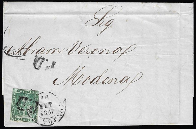 1857 - 4 crazie verde su grigio (6), sfiorata a destra, su lettera da Livorno 16/9/1857, datario a banderuola e P.D. coannullatori, a Modena. Non comune.  - Auction Philately - Cambi Casa d'Aste