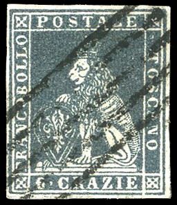 1851 - 6 crazie ardesia su grigio (7), usato, perfetto e ben marginato. G.Bolaffi, Ferrario.  - Asta Filatelia - Cambi Casa d'Aste