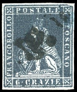1851 - 6 crazie ardesia su grigio, varietà di clichè nell'angolo superiore destro (7), usato, perfetto e ben marginato. Splendido. A.Diena, Ferrario.