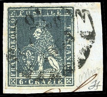 1851 - 6 crazie ardesia su grigio (7), perfetto, usato su piccolo frammento. G.Oliva, Chiavarello, Ferrario.  - Asta Filatelia - Cambi Casa d'Aste