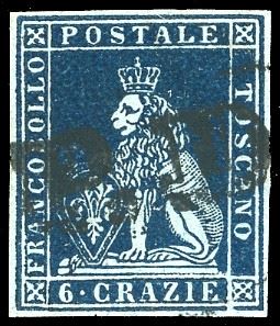 1851 - 6 crazie indaco su azzurro (7a), usato, perfetto e ben marginato. Molto bello. A.Diena, Ferrario.
