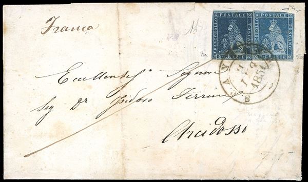 1851 - 6 crazie indaco su azzurro, 2 crazie azzurro grigio su azzurro (7a,5a), il primo perfetto, il secondo corto in alto a destra, su lettera da Scansano 11/7/1851 ad Arcidosso. Non comune porto multiplo per l'interno.