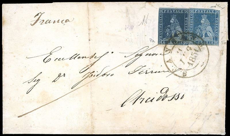 1851 - 6 crazie indaco su azzurro, 2 crazie azzurro grigio su azzurro (7a,5a), il primo perfetto, il secondo corto in alto a destra, su lettera da Scansano 11/7/1851 ad Arcidosso. Non comune porto multiplo per l'interno.  - Asta Filatelia - Cambi Casa d'Aste