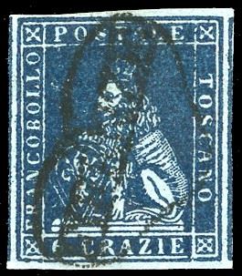 1851 - 6 crazie azzurro violaceo su azzurro (7b), perfetto e ben marginato, usato con annullo a cuore di Firenze. Ottima qualità. A.Diena, Ferrario.