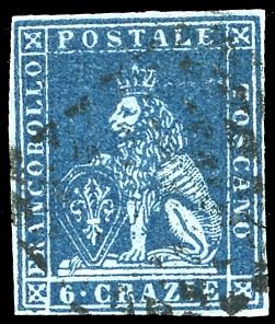 1851 - 6 crazie azzurro violaceo su azzurro (7b), usato, perfetto. Molto bello. G.Oliva, Ferrario.  - Asta Filatelia - Cambi Casa d'Aste