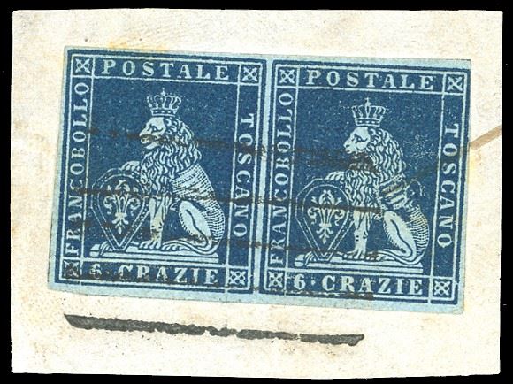 1851 - 6 crazie azzurro scuro su azzurro (7c), coppia orizzontale, perfetta, usata su frammento. Molto fresca. Giulio Bolaffi, Mezzadri, cert. Ferrario.  - Asta Filatelia - Cambi Casa d'Aste