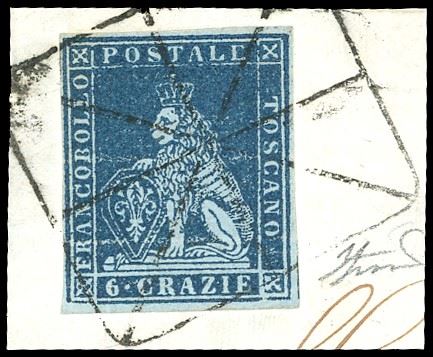 1851 - 6 crazie azzurro scuro su carta azzurra (7c), perfetto e ben marginato, usato su frammento con annullo "a ragno". Molto bello. Ferrario.