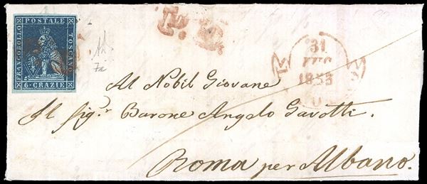 1853 - 6 crazie azzurro scuro su azzurro (7c), perfetto, grandi margini, su fresca letterina da Livorno 31/7/1853 ad Albano, nel Lazio. Molto bella. A.Diena.
