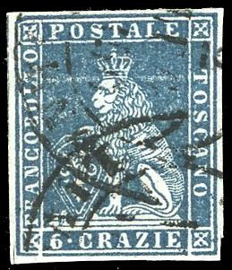 1851 - 6 crazie azzurro su grigio (7d), usato, perfetto e ben marginato. Bello. Chiavarello, Ferrario.  - Asta Filatelia - Cambi Casa d'Aste