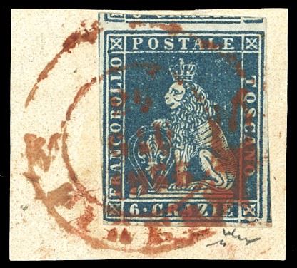 1851 - 6 crazie azzurro su grigio (7d), perfetto e mostrante parti di quattro francobolli vicini, usato su frammento con annullo rosso di Firenze. Chiavarello, Ferrario.  - Asta Filatelia - Cambi Casa d'Aste