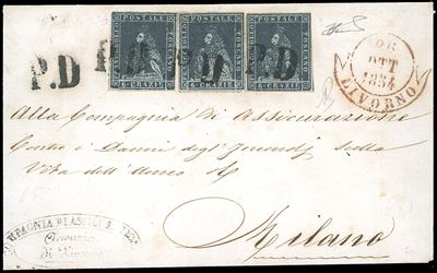 1854, 6 crazie indaco su grigio su lettera da Livorno a Milano