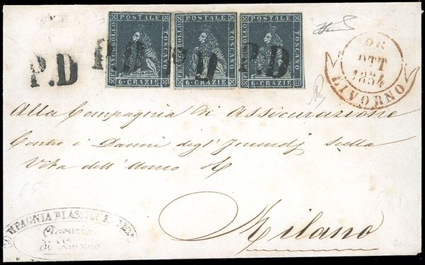 1854 - 6 crazie indaco su grigio (7e), tre esemplari perfetti, su lettera da Livorno 26/10/1854 a Milano. Raro multiplo, specialmente con gli esemplari ben marginati. Cert. Ferrario.