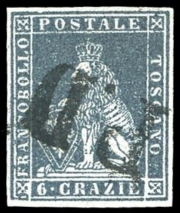 1851 - 6 crazie grigio scuro su grigio (7f), usato, perfetto e ben marginato. Splendido. A.Diena, Ferrario.  - Auction Philately - Cambi Casa d'Aste
