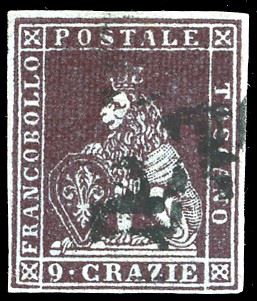 1851 - 9 cr. viola bruno scurissimo su azzurro (8a), usato, perfetto. Molto bello. G.Oliva, A.Diena, Ferrario.