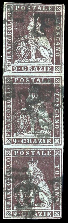 1851 - 9 crazie viola bruno scurissimo su azzurro (8a), striscia verticale di tre, usata, lievi difetti. G.Oliva, Chiavarello.