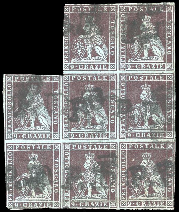 1851 - 9 crazie viola bruno scurissimo su carta azzurra (8a), eccezionale blocco di otto, usato con bollo "PD". Benchè presenti qualche difetto, si tratta probabilmente del massimo blocco usato di questa pregiata tinta. Rarità della prima emissione. Oliva, cert. Ferrario. Ex coll. Imperato.