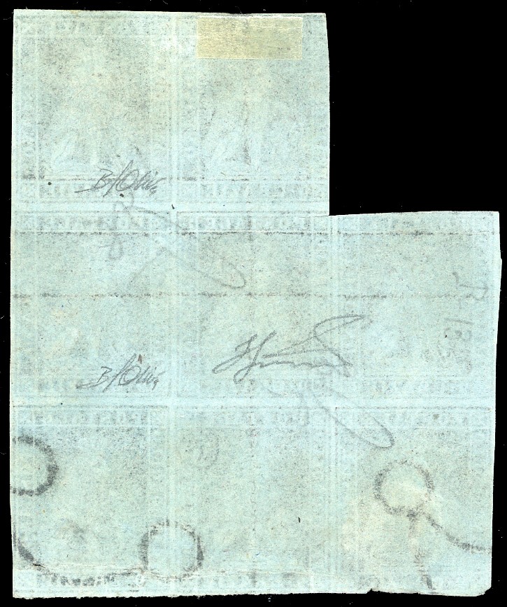 1851, 9 crazie viola bruno scurissimo su carta azzurra, eccezionale blocco di otto