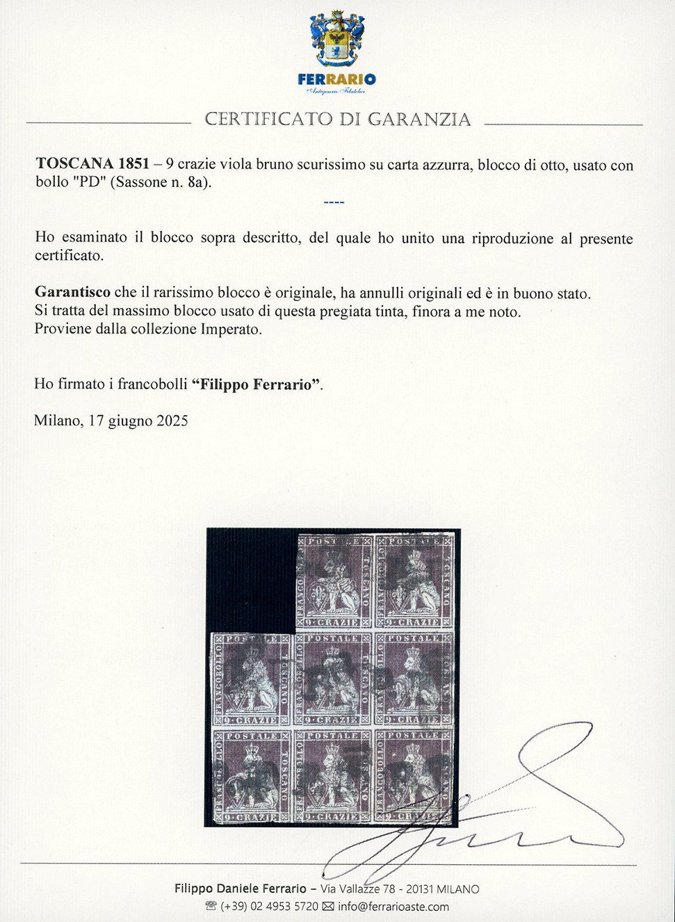 1851, 9 crazie viola bruno scurissimo su carta azzurra, eccezionale blocco di otto