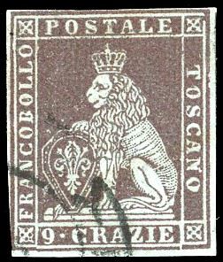 1851 - 9 crazie bruno violaceo su azzurro (8b), usato, perfetto. Ferrario.