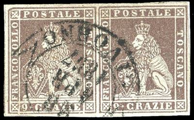 Ferrario, 1851 - 9 crazie bruno violaceo chiaro su grigio (8c), coppia orizzontale