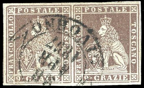 1851 - 9 crazie bruno violaceo chiaro su grigio (8c), coppia orizzontale, con varietà di clichè, perfetta, usata su minimo frammento a Livorno. Molto bella. Ferrario.  - Auction Philately - Cambi Casa d'Aste