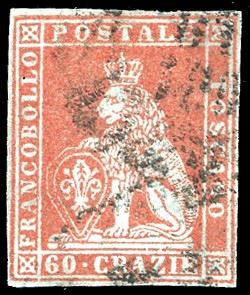 1851 - 60 crazie scarlatto cupo su grigio (9), usato, perfetto e con margini bianchi su tutti i lati. Molto raro, specie in queste condizione qualitative. Cert. Ferrario.