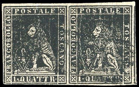 1857 - 1 quattrino nero, II emissione (10), coppia orizzontale, usata, perfetta. A.Diena, cert. Ferrario.