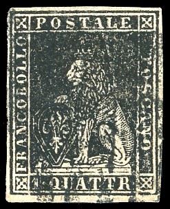 1857 - 1 quattrino nero, II emissione (10), usato, perfetto e ben marginato. Chiavarello, Ferrario.  - Asta Filatelia - Cambi Casa d'Aste