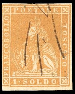 1857 - 1 soldo ocra, II emissione (11), tre ottimi margini, leggermente corto a sinistra, annullato con tratti di penna. Raro e molto fresco. E.Diena, Ferrario.