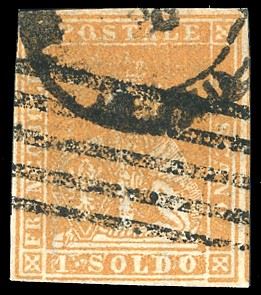 1857 - 1 soldo ocra, II emissione (11), usato, perfetto. Raro. Em.Diena, G.Oliva, cert. Ferrario.
