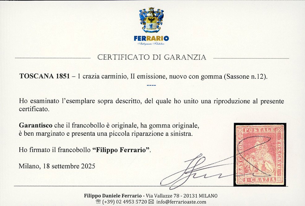 1857 - 1 Crazia Carminio, II Emissione, gomma originale