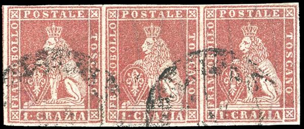 1857 - 1 crazia carminio, II emissione (12), striscia orizzontale di tre, usata, perfetta. Molto fresca. Cert. Ferrario.