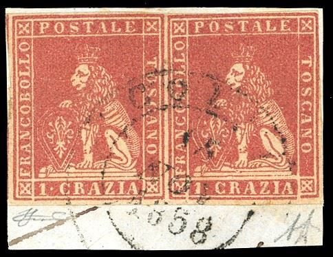1857 - 1 crazia carminio, II emissione (12), coppia orizzontale, ottimo stato, usata su frammento. A.Diena, cert. Ferrario.